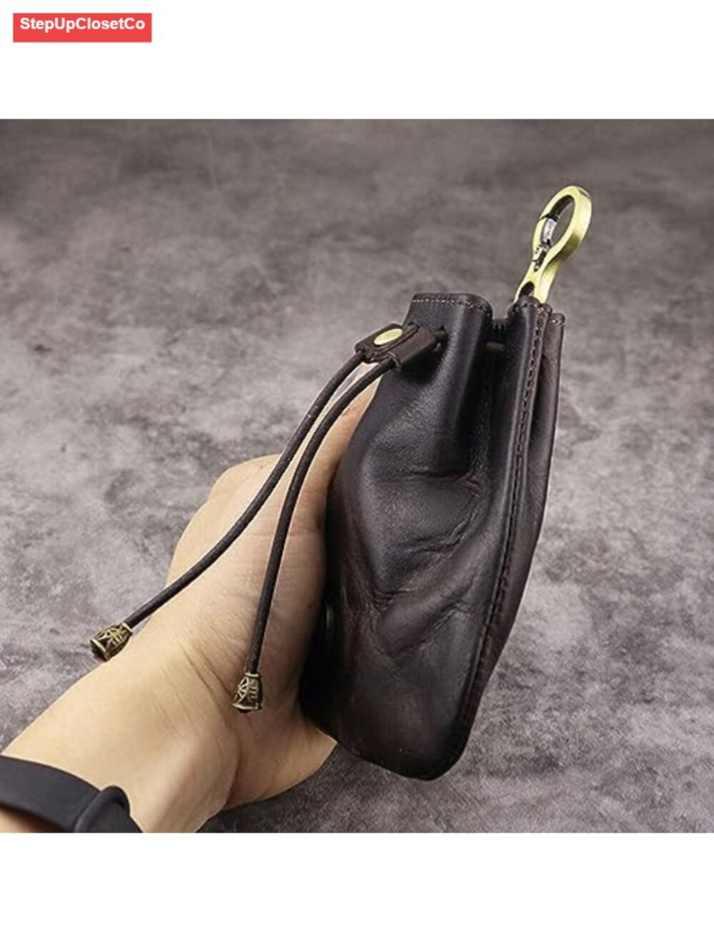 Genuine Leather Drawstring Coin Purse Vintage Pouch with Metal Clasp Mini - Picture 6 of 6